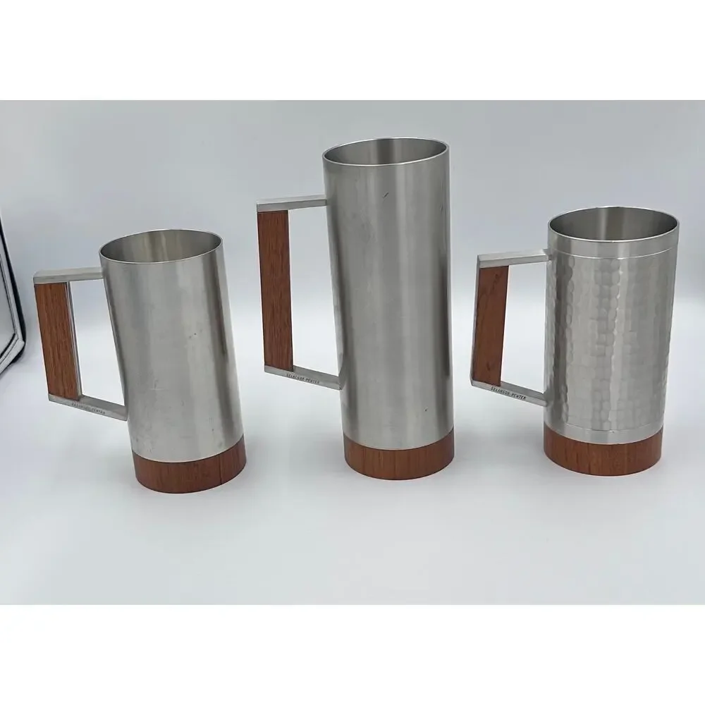Danish Modern tiki Era Royal Selangor Pewter & Teak Mug Tankard Steins Set